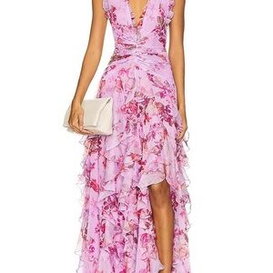 Floral Pink Ruffle V-Neck Maxi Dress
